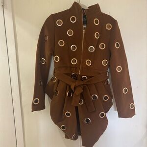 Brown Belted Jacket with Eyelet Details